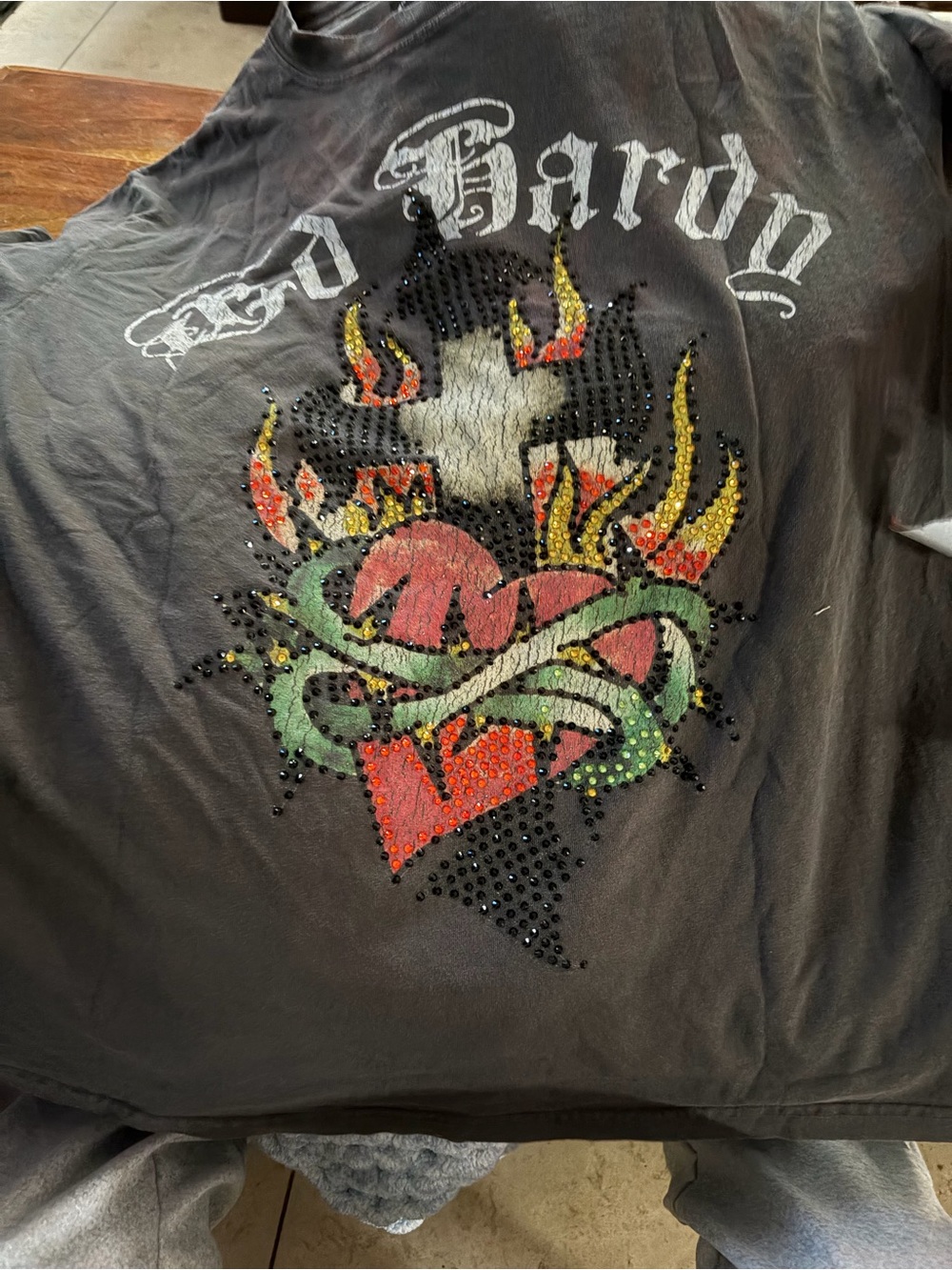 Ed Hardy Black Tee with Red Heart, Green Snake & Yellow Flames